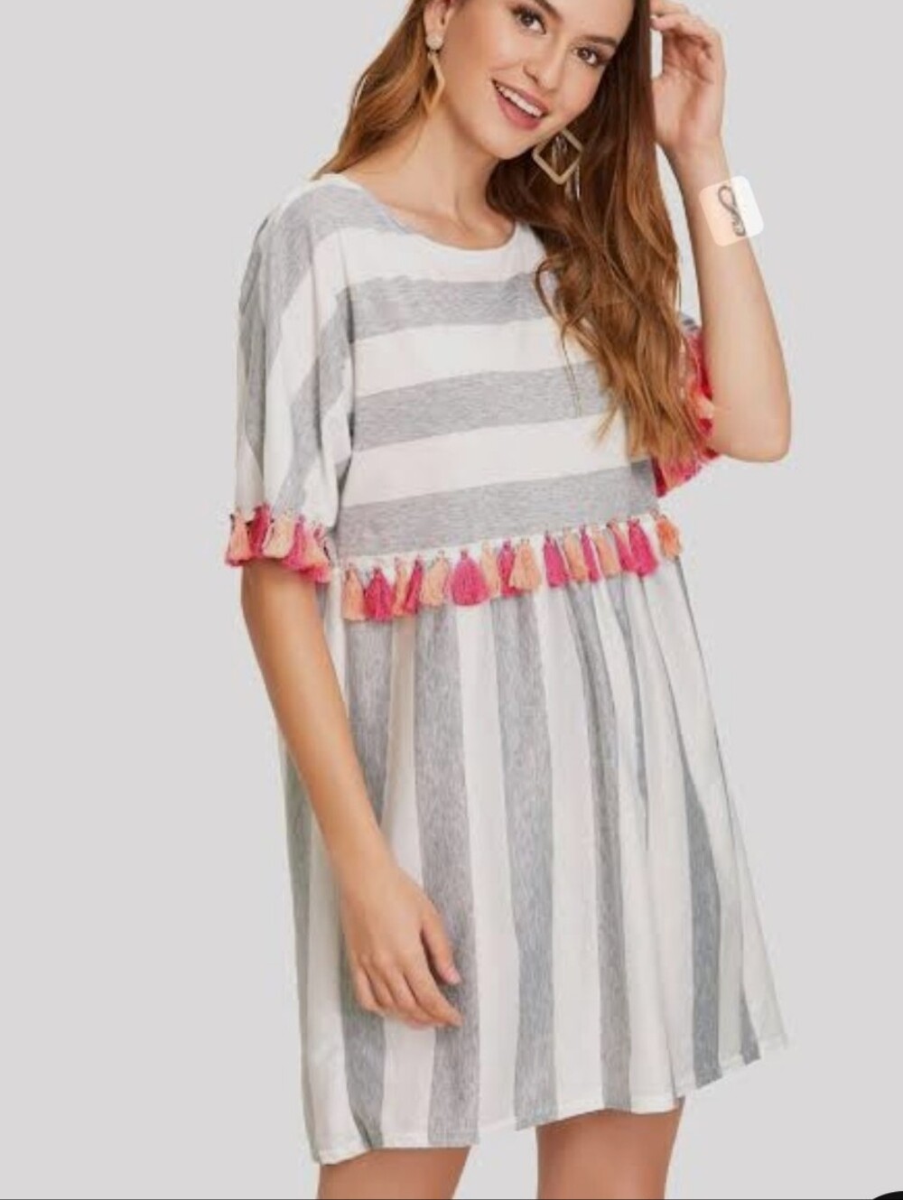 Gray & White Striped Dress with Pink & Teal Tassels